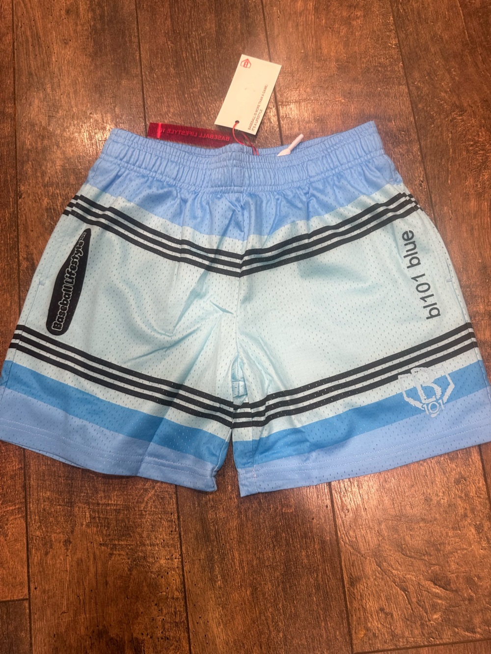 Kids Light Blue Athletic Mesh Shorts with Black Stripe Accents